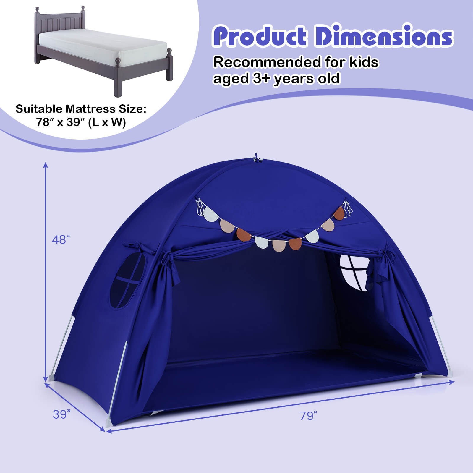 Twin Size Bed Tent w/2 Windows, Flags for Boys & Girls Aged 3+ Years Old