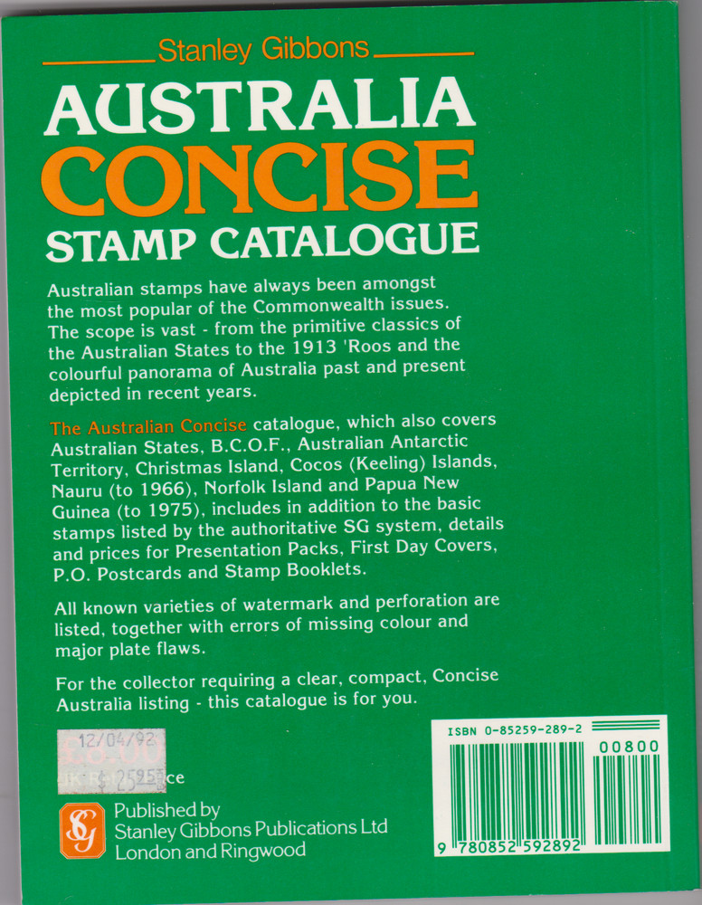 Stanley Gibbons Concise Australia Stamp Catalogue 1991 Edition Softcover