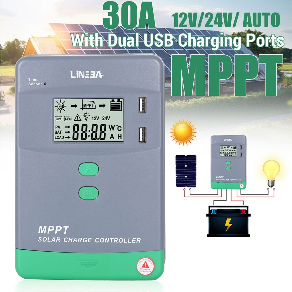 30A MPPT Solar Panel Charge Controller 12V/24V Auto LCD Display Battery Regulato
