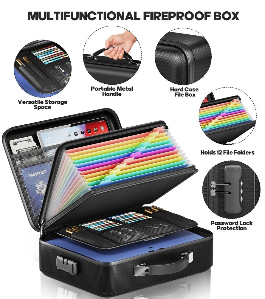 BigPonPon Fireproof Document Box, Hard Case Highly Flame-Resistant M, Black