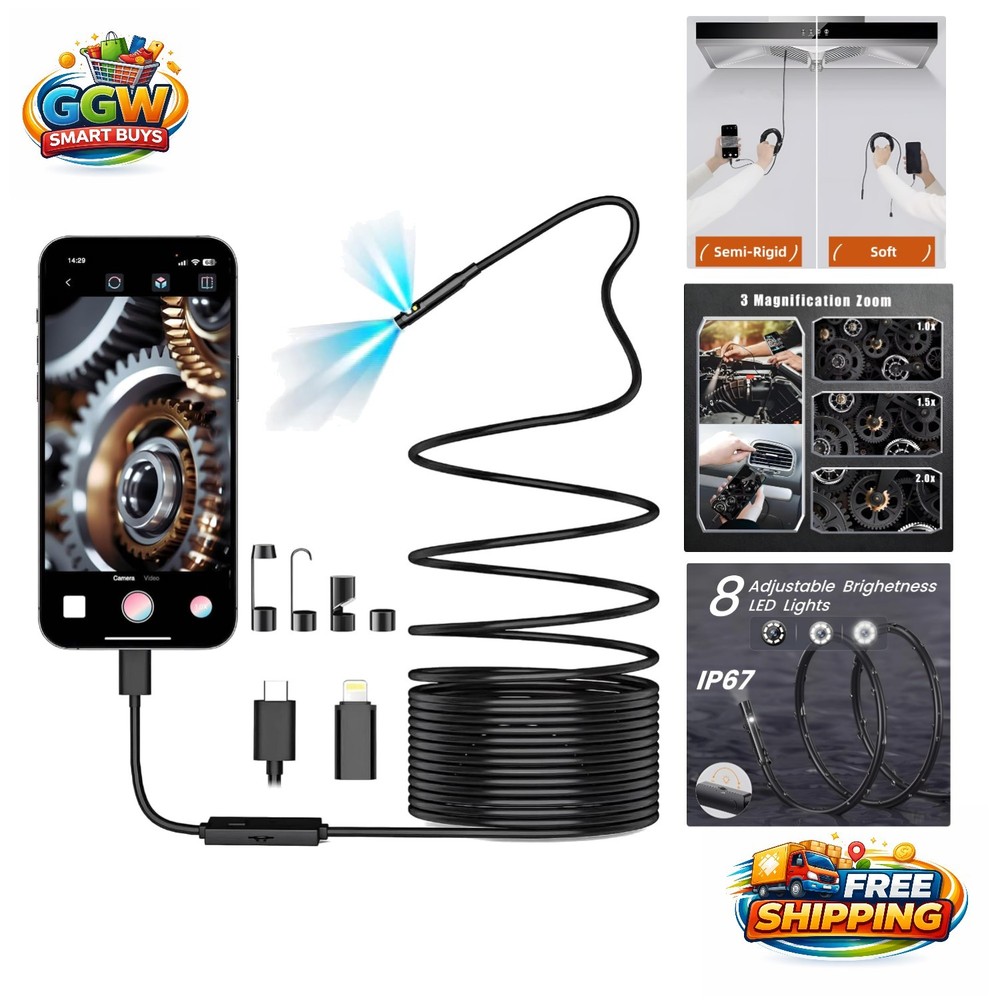 Multi-Functional Inspection Camera - 16.5ft Waterproof Endoscope with LED Lights