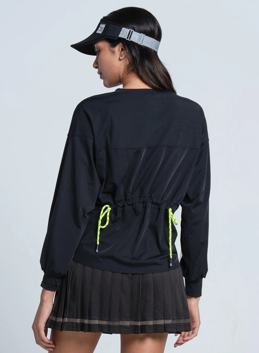 NEW Lucky In Love SMALL Long Sleeve Black Tennis Top Mesh Inserts Drawcord Back