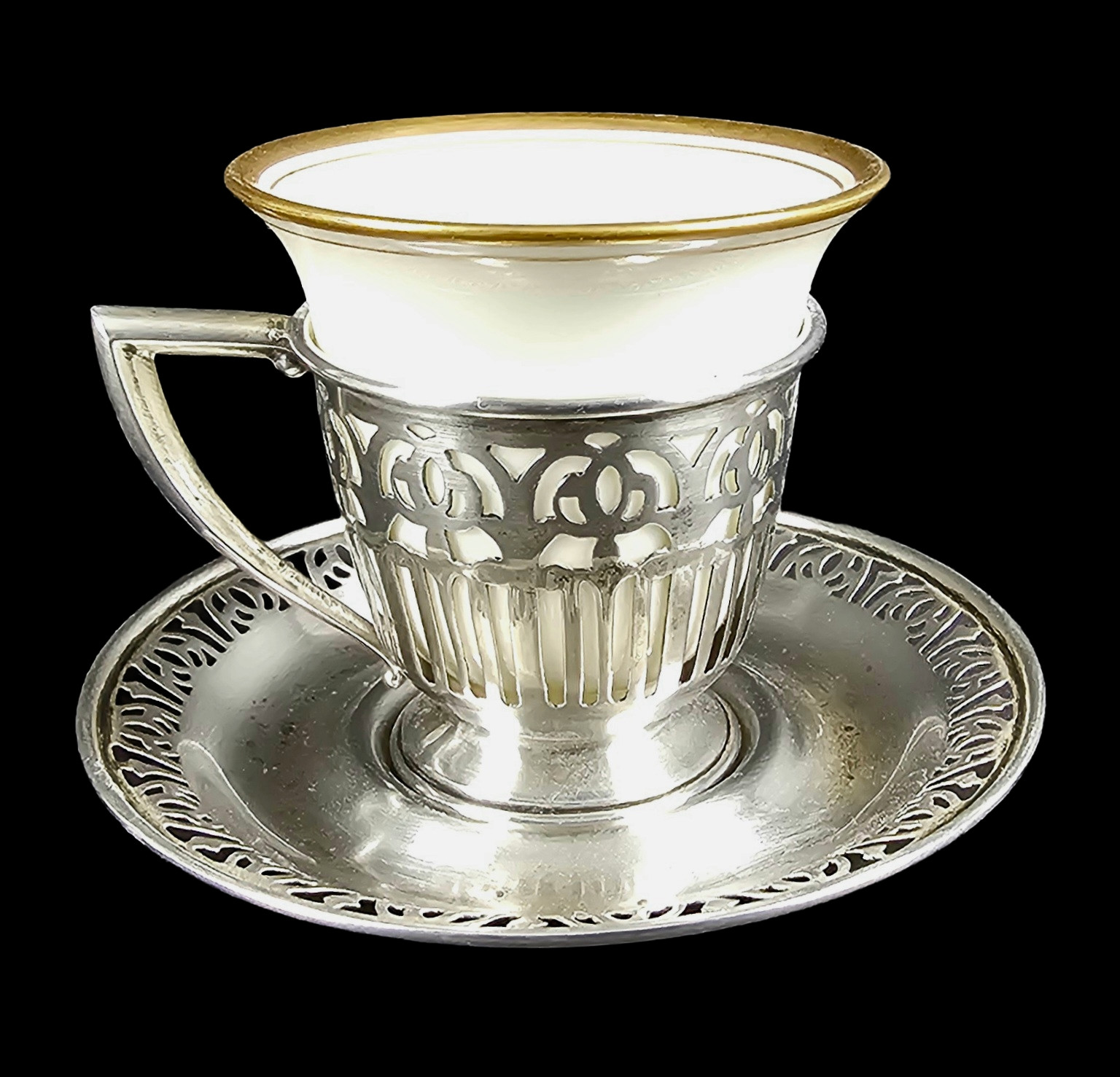 DEMITASSE STERLING CUP HOLDER & SAUCER w LENOX PORCELAIN CUP