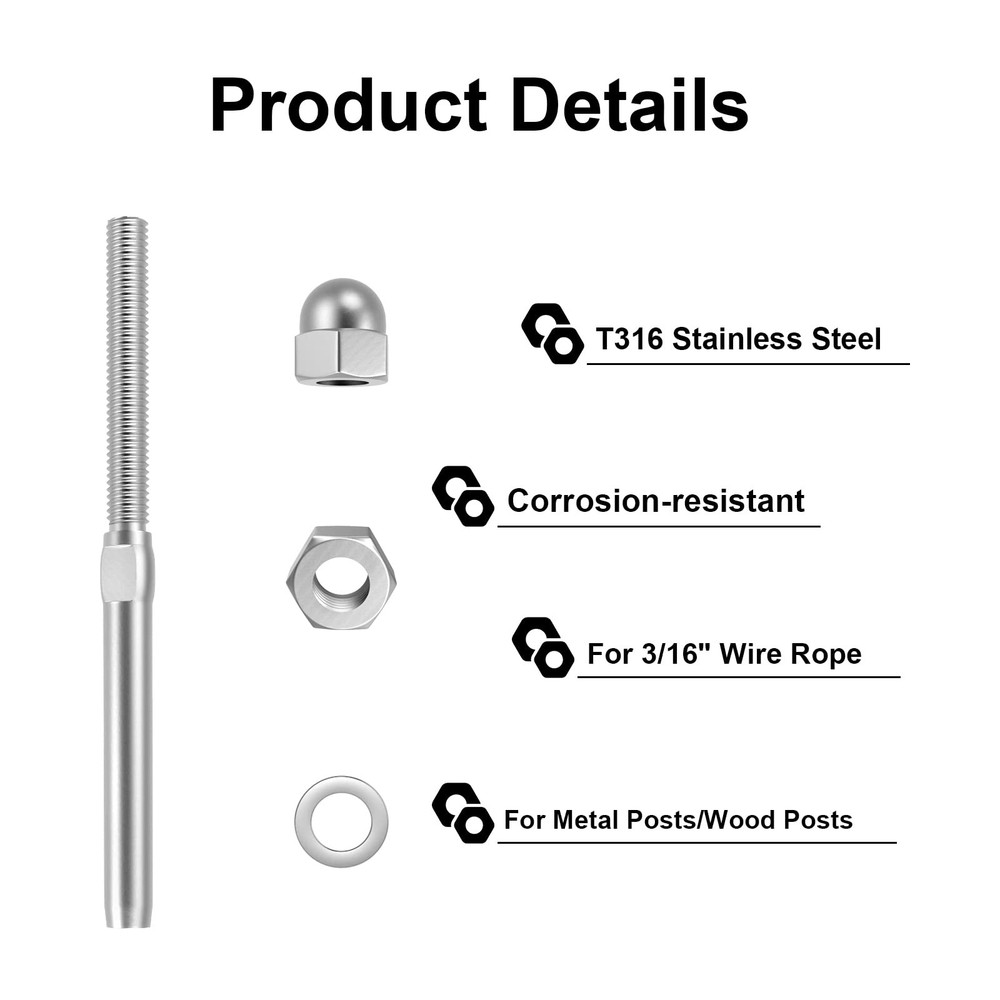 20 Pack 3/16" Cable Railing Swage Threaded Stud Tension End Fitting Terminal ...