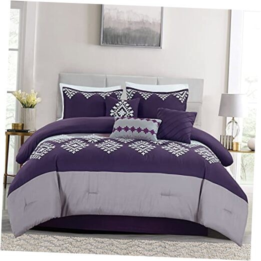 Bedding Comforter Sets - Bed in A Bag Size Comforter King Purple&gray