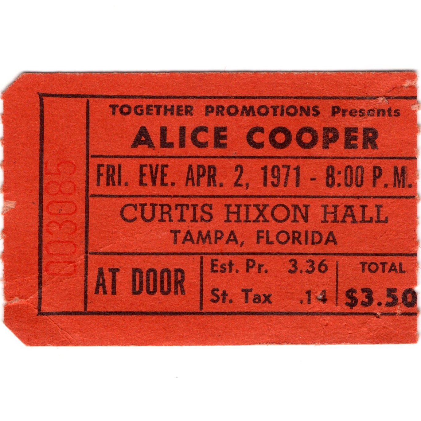 ALICE COOPER & TED NUGENT & AMBOY DUKES Concert Ticket Stub TAMPA 4/2/71 KILLER