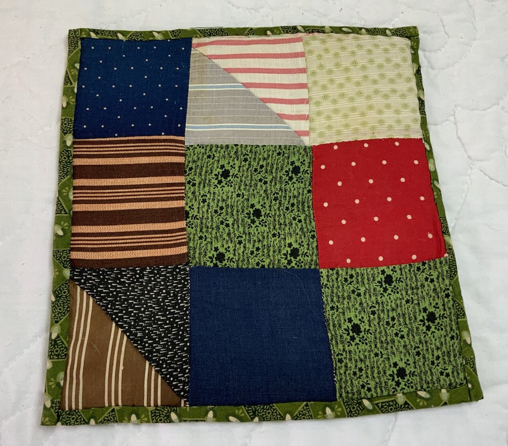 Vintage Patchwork Quilt Table Topper, Nine Patch, Early Calico Prints, Multi