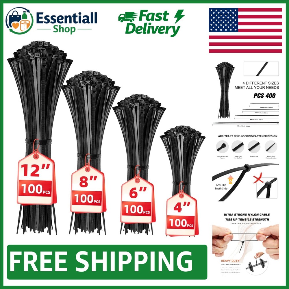 Versatile Black Cable Zip Ties: 400 Pack in Assorted Sizes for All Uses