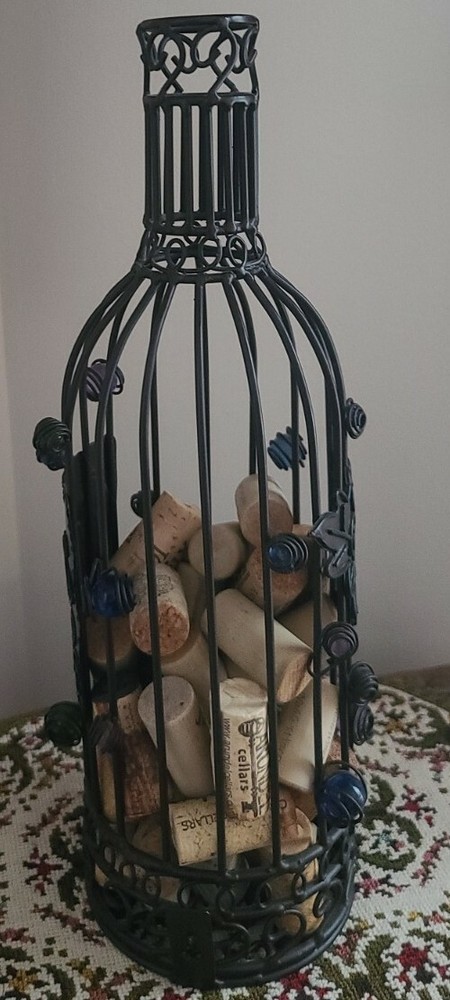 Brown ~ Metal ~ Wine Cork Storage Basket ~ Container ~ Beaded & Leaf Design