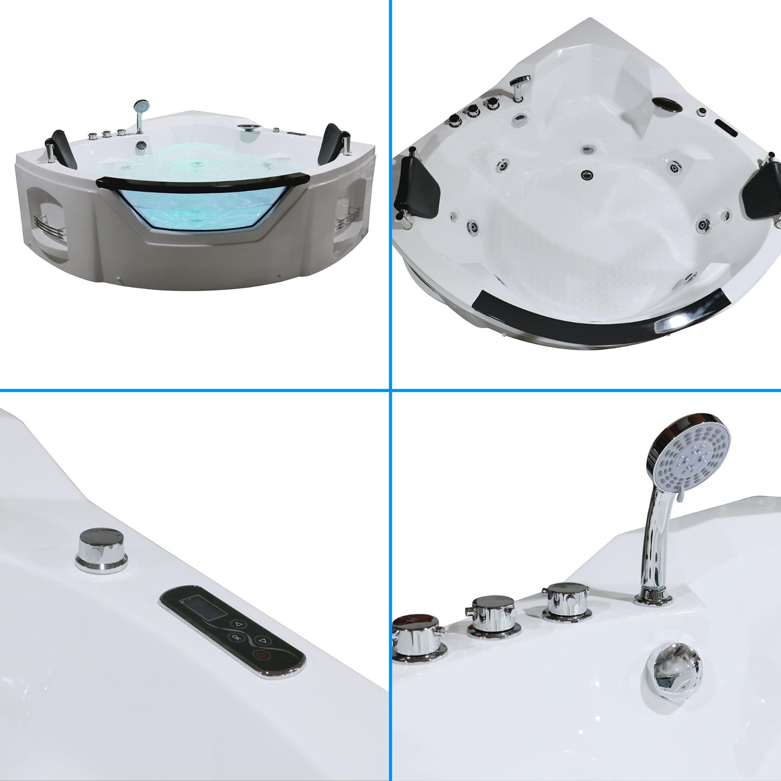 Corner Bathtub 61" Acrylic with Light, Heater, Freestanding Soaking Spa Jetted