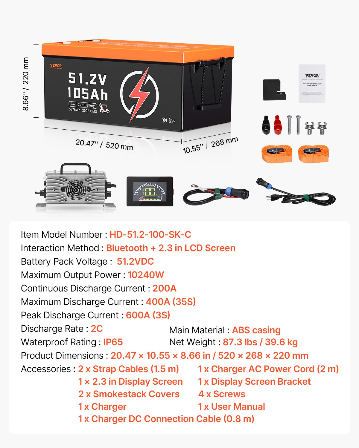 VEVOR 48V 105Ah Golf Cart Lithium Battery 20A Charger LCD Monitor & 4000+ Cycle