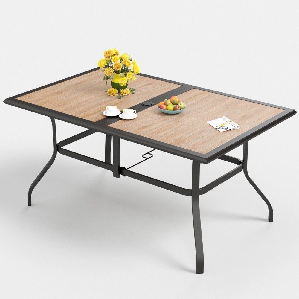 Outdoor Dining Table with Umbrella Hole Rectangular Patio Table for 4-6 Person