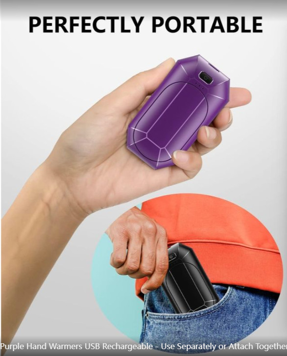 Purple Hand Warmers USB Rechargeable - Use Separately or Attach Together