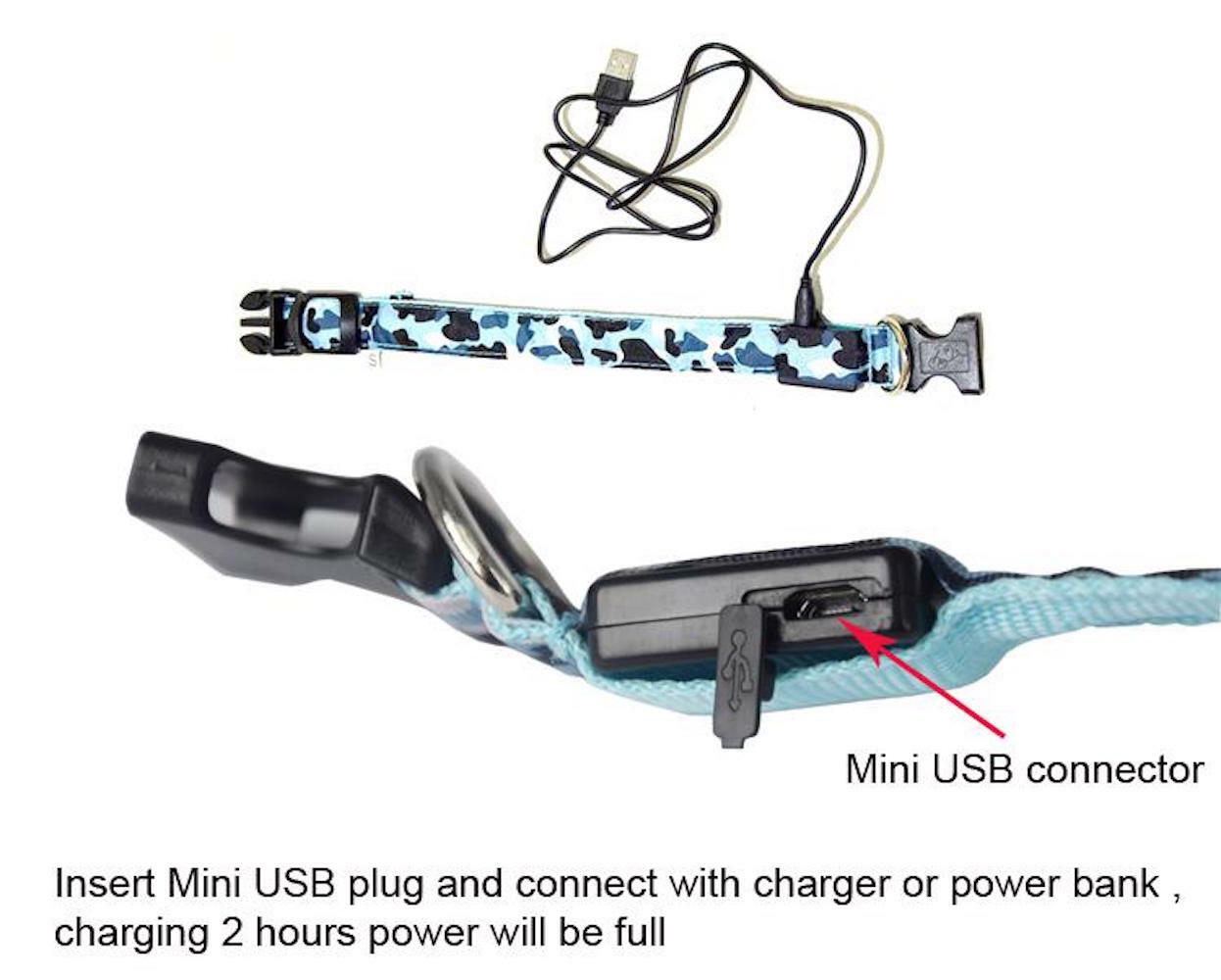 CAMOUFLAGE LED RECHARGEABLE COLLAR CAMO light-up Dog Pet Safety USB flash glow