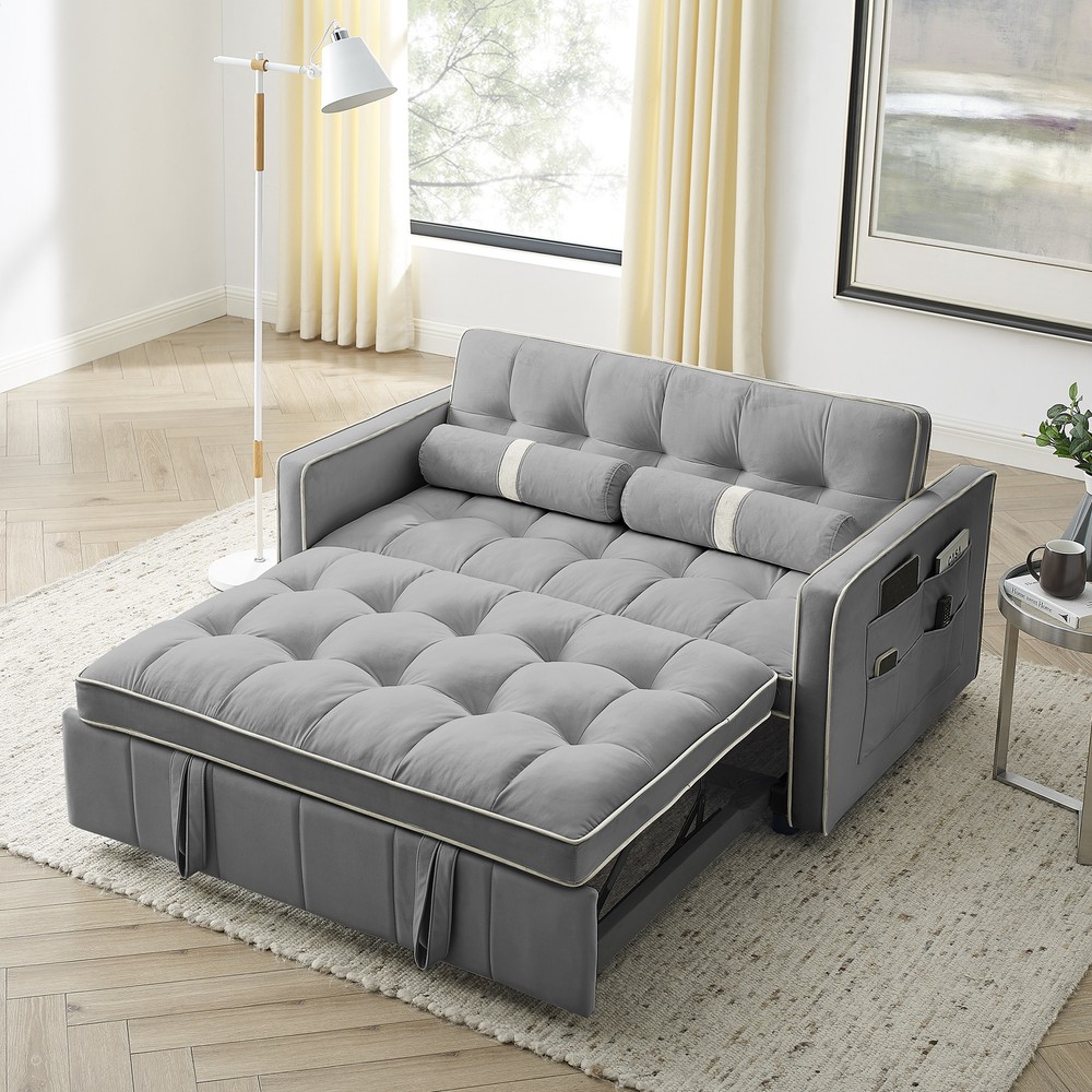 55.5" Pull Out Sleep Sofa Bed 2 Seater Loveseats Sofa Couch w/ Side Pockets