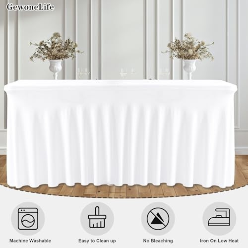 2 Pack Rectangle Tablecloths, Washable Stretch Fitted 6 Feet - 2 Pack White