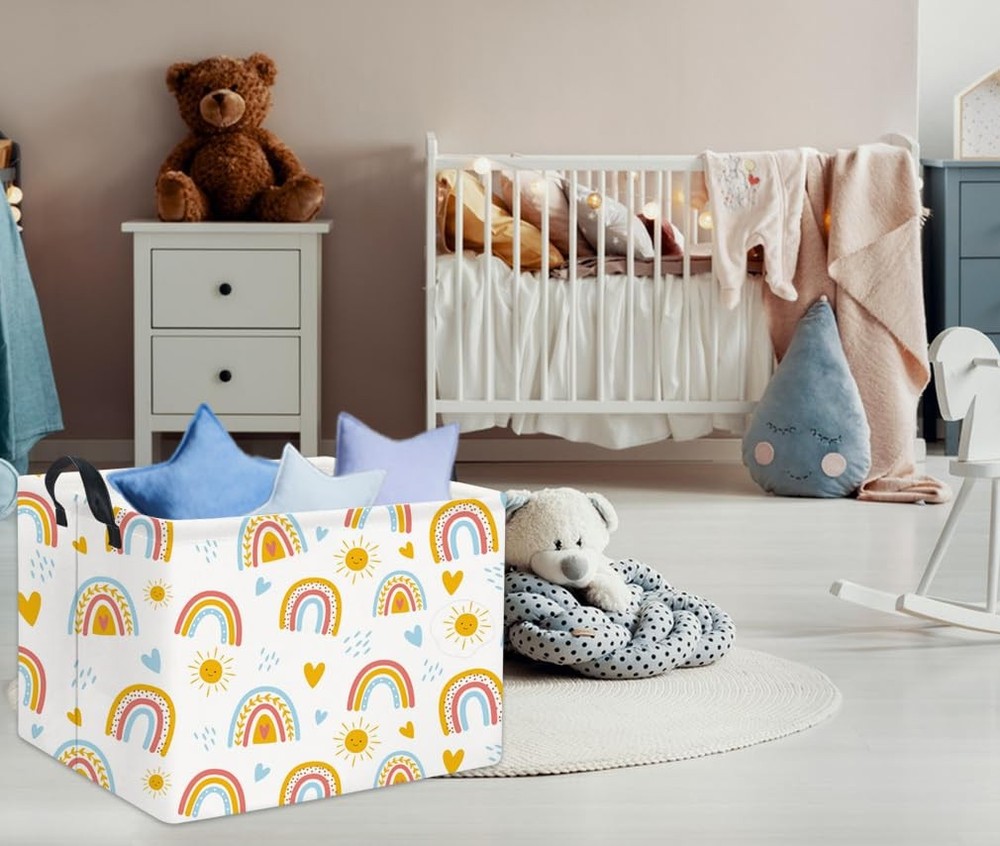 Rectangular Kids Storage Basket Cute Bin Organizer Shelf Room Decor Rainbow