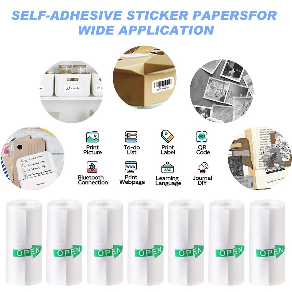 Mini Printer Sticker Paper, 57mm x 3m, 10 Rolls, 3000 Sheets, White, Smooth, ...