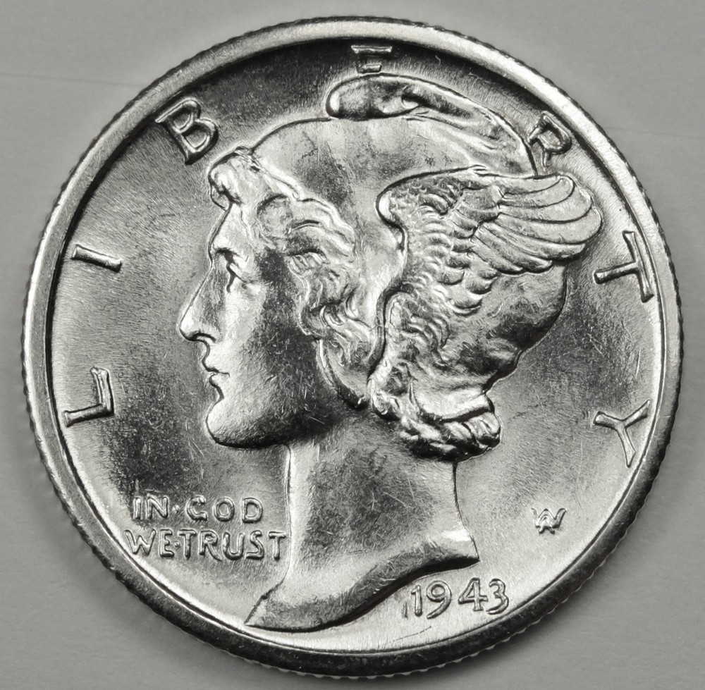 1943-d Mercury Dime. 100% Fully Separated Horizontal Bands. BU.  (Inventory E)