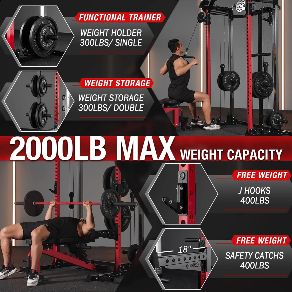Power Cage Multi Functional Power Rack 2000LB Dual Pulley Cable Crossover System