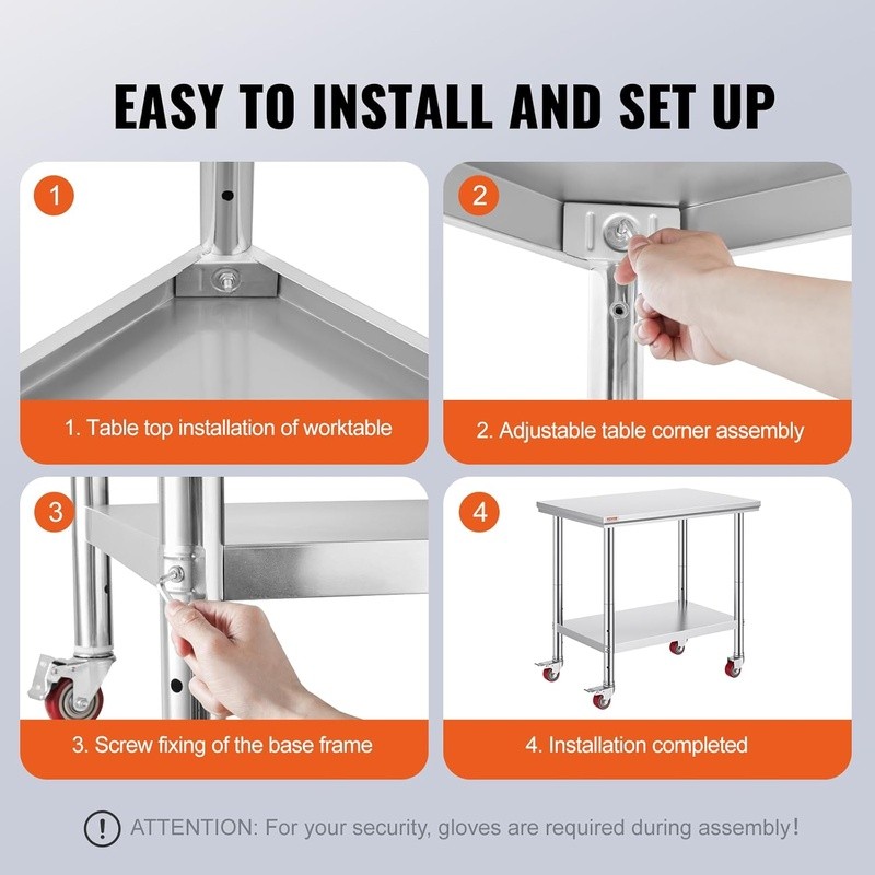 Heavy Duty Stainless Steel Prep Table W/ Adjustable Undershelf & Rolling Wheels