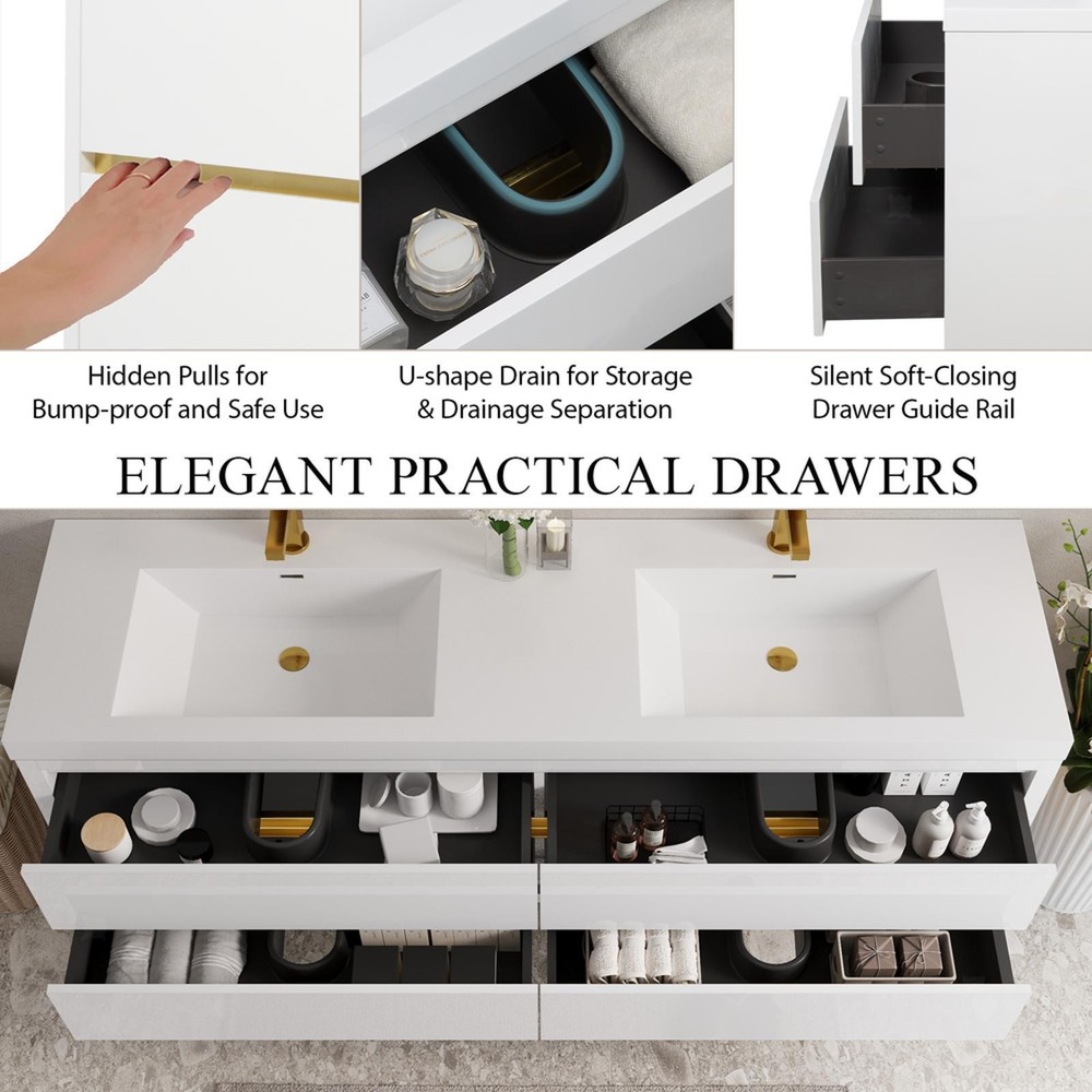 Modern 72" Floating Bathroom Vanity with Premium Stone Resin Countertop & Ample