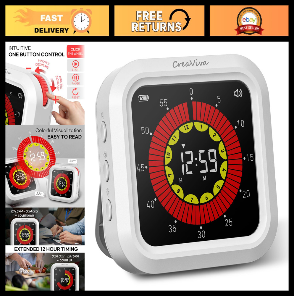 Large Color Display Digital Timer - Rechargeable, Magnetic, Silent Mode, 12-Hour