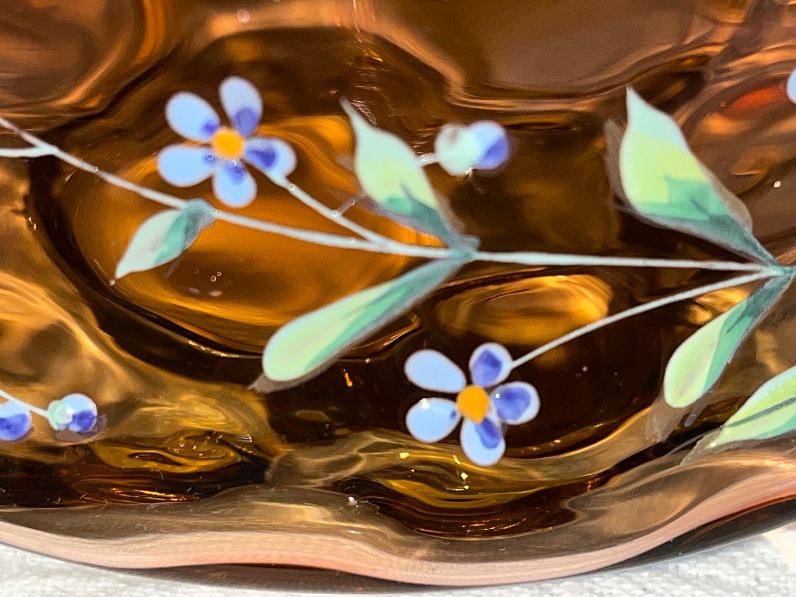 Victorian Enameled Amberina Low Bowl-Floral Sprigs-Victorian-Late 1800’s