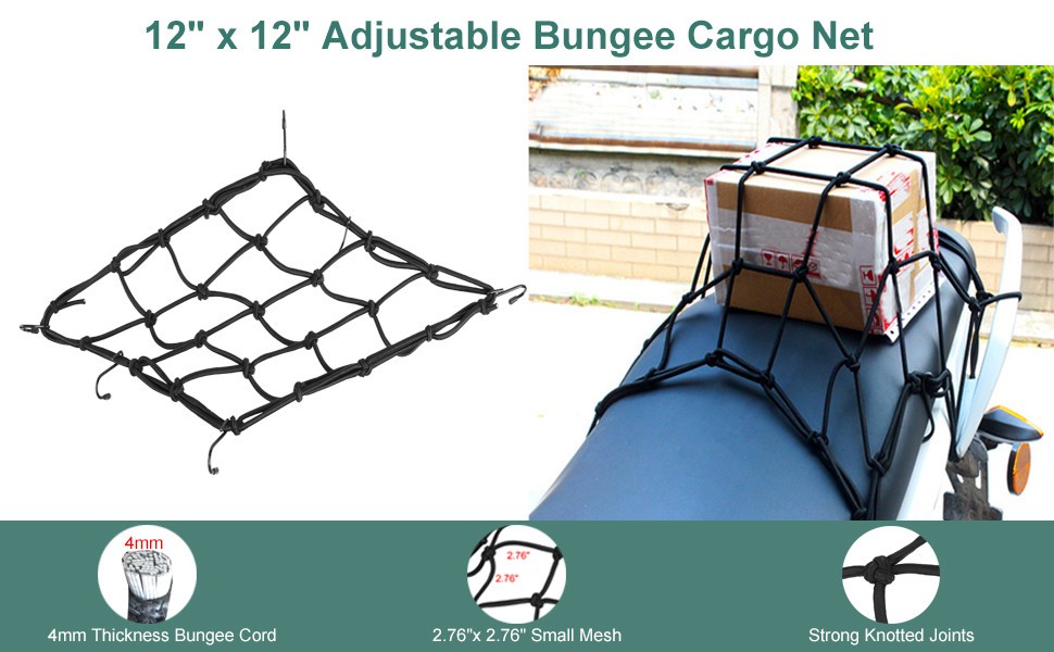 2 Pack Motorcycle Cargo Bungee Net 12''X12'' Retractable Elastic Rope Mess Strap