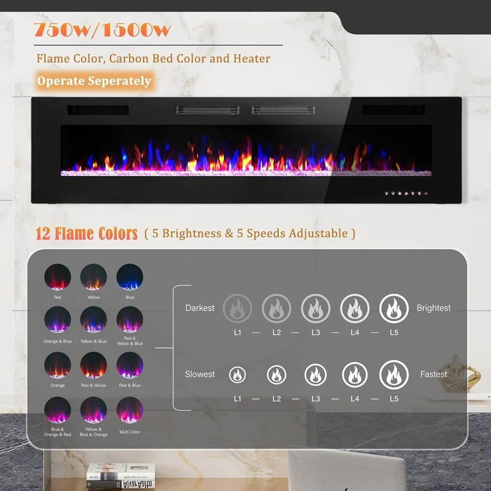 72 inch Electric Fireplace Recessed & Wall-Mounted Heater Timer Adjustable Flame