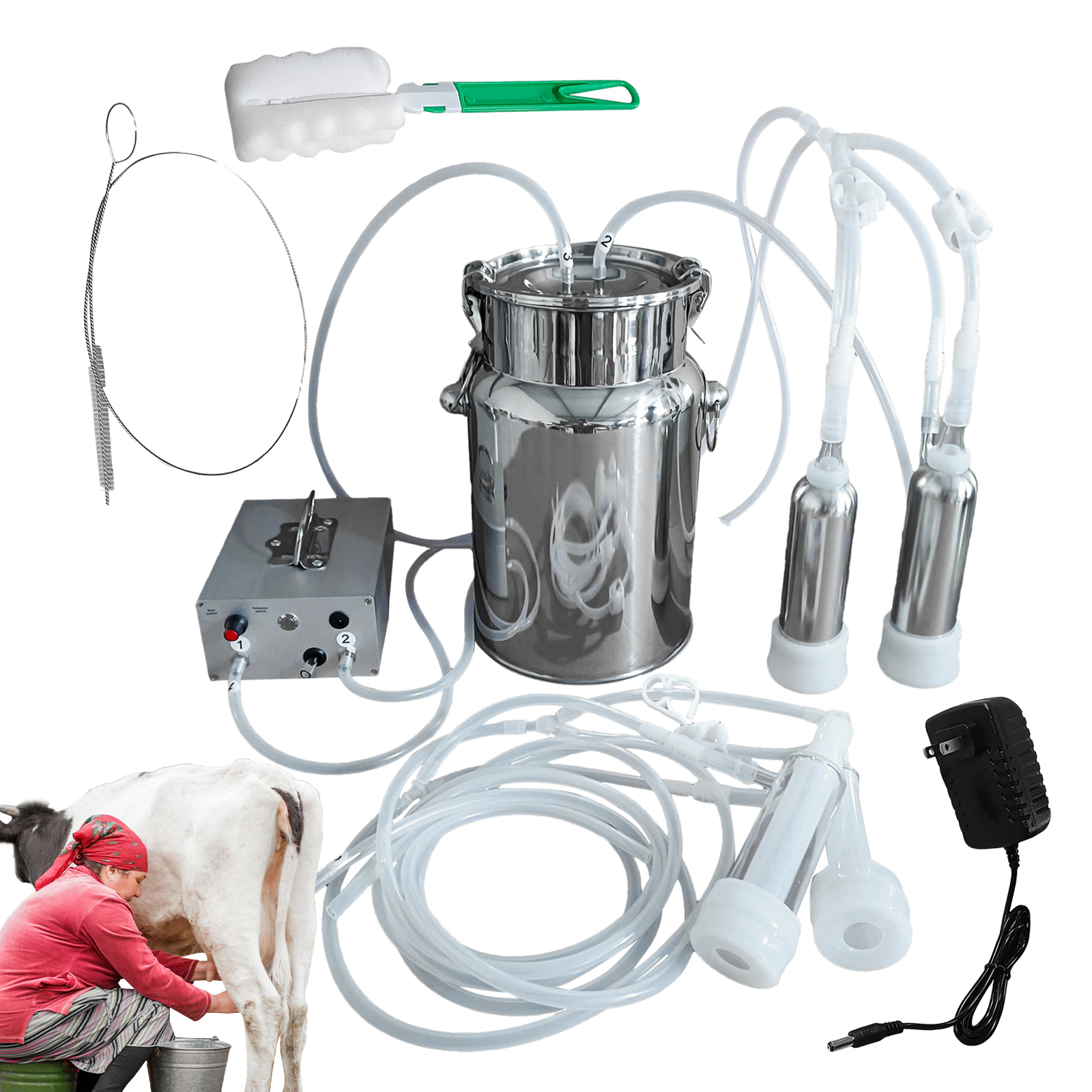 7L DualHead Sheep Goat Cow Milking Machine Vacuum Impulse 304 Steel Pump Milker