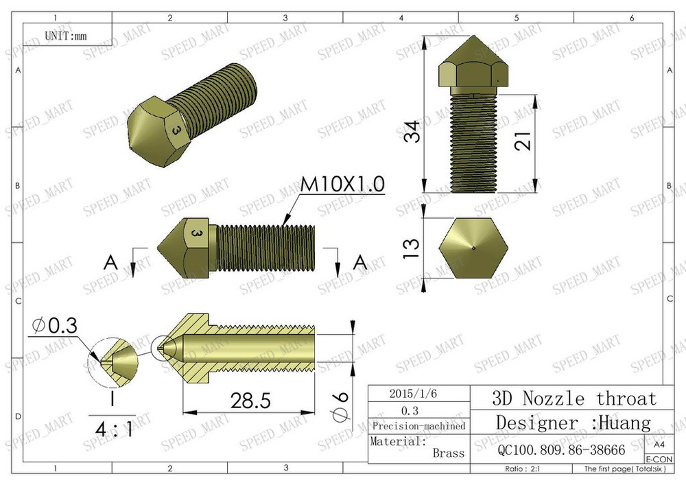 0.3 Nozzle for Getech Reprap 3D Printer Extruder HotEnd Hot End M10*1.0 Thread