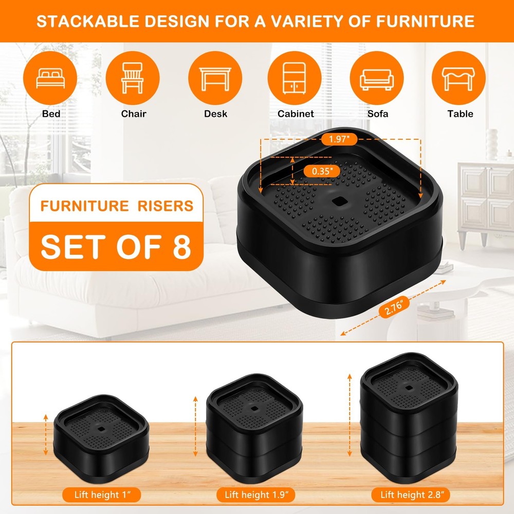 8 Pack Heavy Duty Bed Risers, Adjustable 1-3 Inch Stackable Lift for Desk Sofa