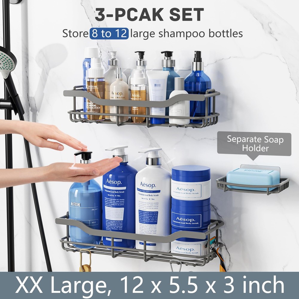 3-Pack Shower Caddy with Soap Holder Adhesive Rustproof No-drill Strudy Loading