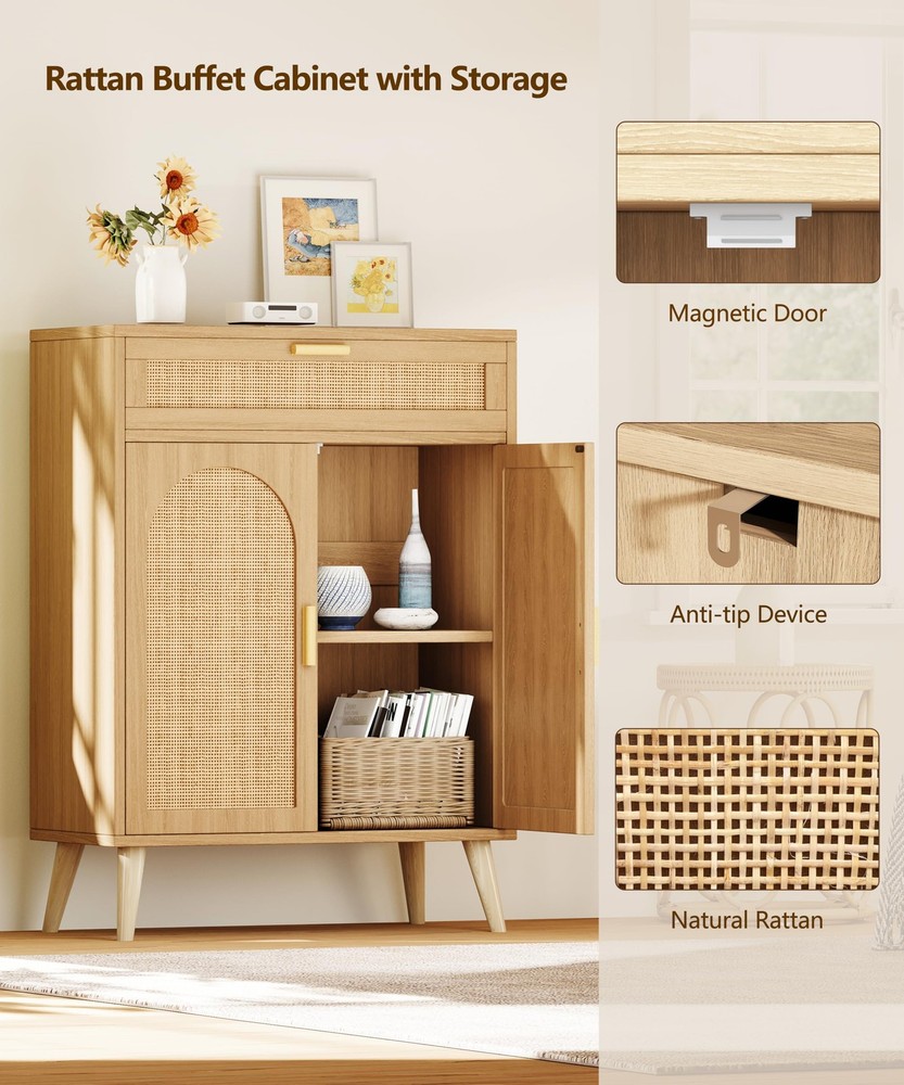 Rattan Buffet Cabinet with Storage, Sideboard with Drawer & Adjustable Shelf,...