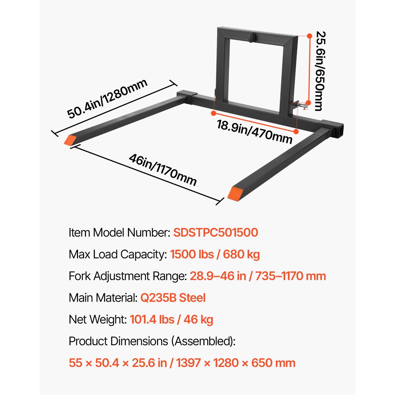 Uimoso 3-Point Hitch Pallet Fork 1500 lbs, 50" Forks for Category 1 Tractors
