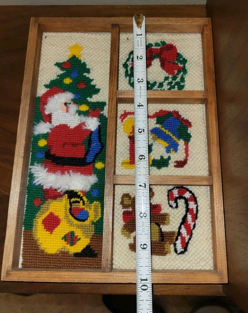 Vintage Christmas Needlepoint Shadow Box Rare Completed