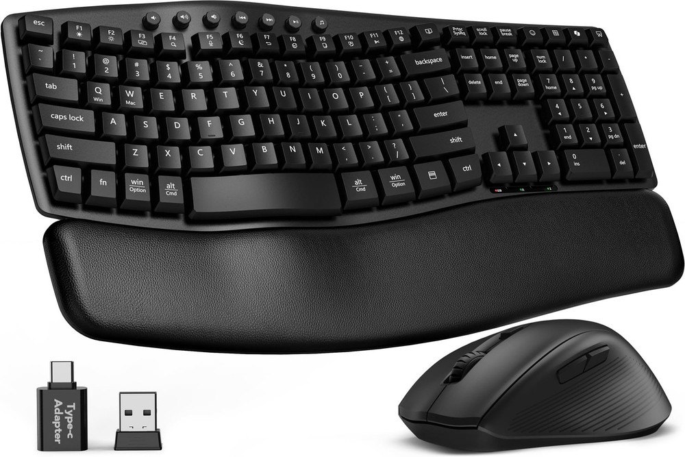 Wireless Keyboard and Mouse Combo, 30dB Quiet Ergonomic Wave Keyboard Set wit...