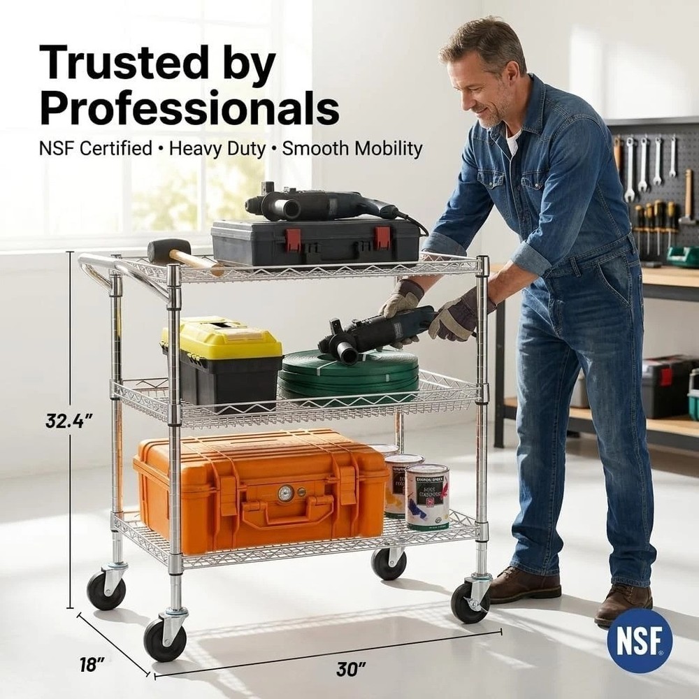 Durable 3 Tier Utility Cart with Push Handle - Ideal for Kitchen & Warehouse Use