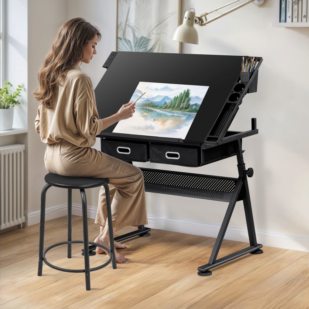 Adjustable Drafting Drawing Tiltable Table & Stool w/ 2 Drawers & Outlet Black