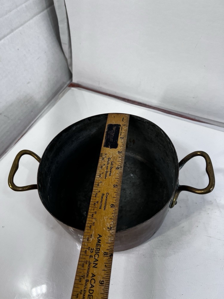 Vintage Solid Copper Stock Pot with Brass Handles Cookware 7x4”