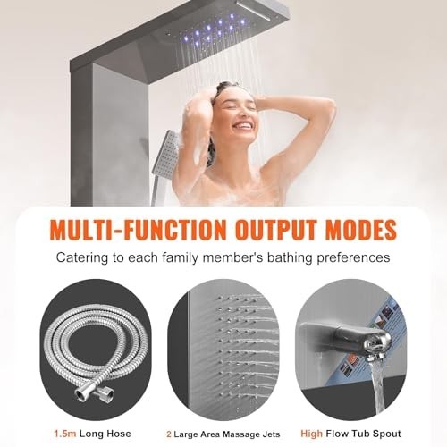 5-Mode Shower Panel System with LED, Rainfall & Waterfall, 2 Body Jets, Handheld
