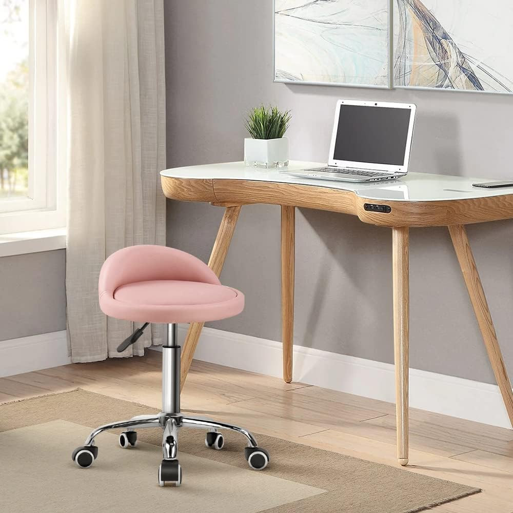 PU Leather round Rolling Stool with Back Rest Height Adjustable Swivel Drafting