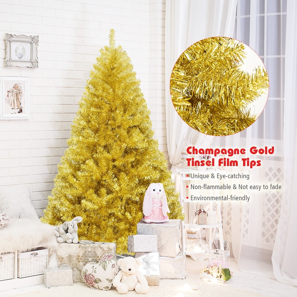 6ft Artificial Tinsel Christmas Tree Hinged w/1036 Tips Foldable Stand Champagne