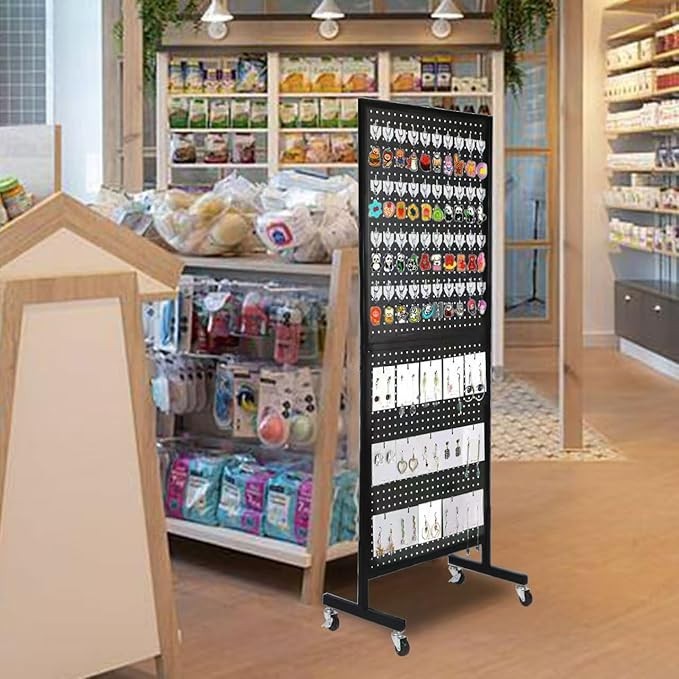 2'x5' Standing Pegboard Display with T-Base & Wheels, Extra 10 Hooks - Blac