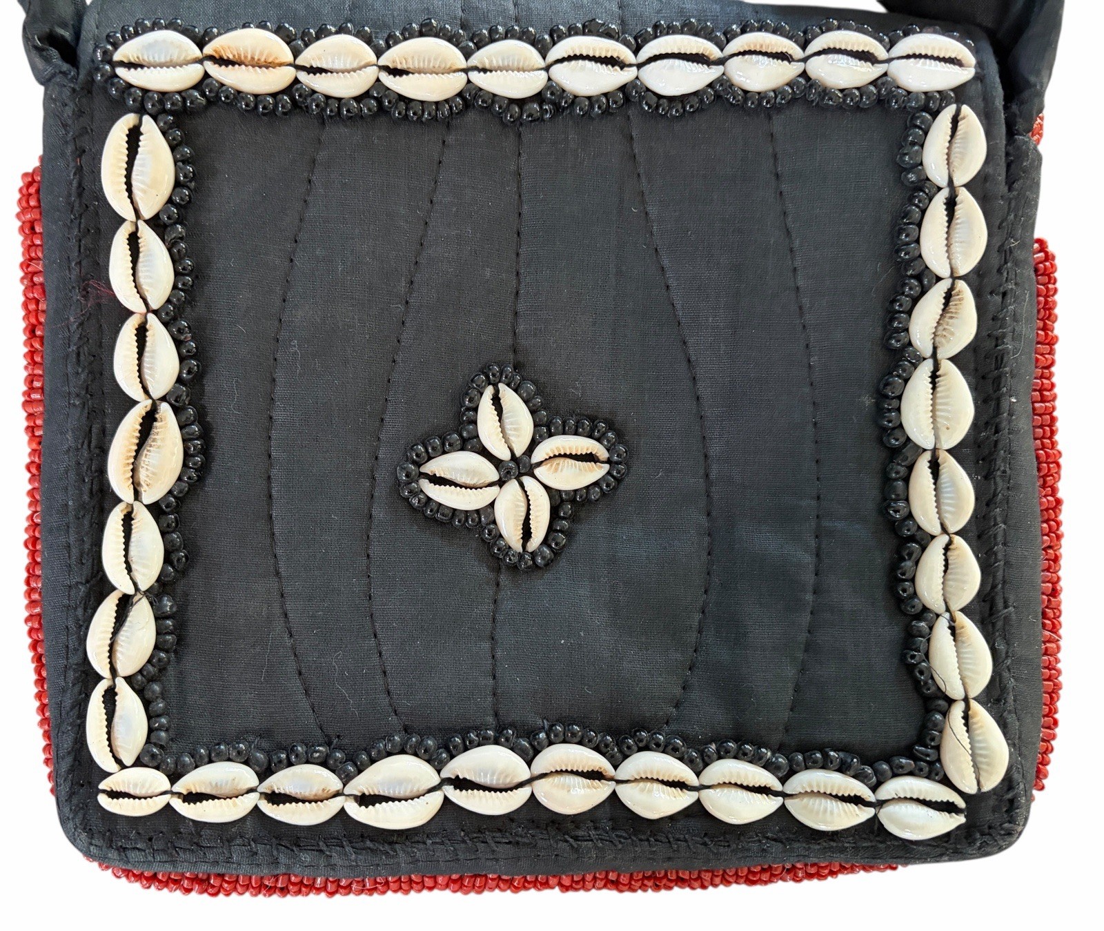 Tibetan Style Hand Beaded Seashell Coral Cross Body Bag Vintage VTG