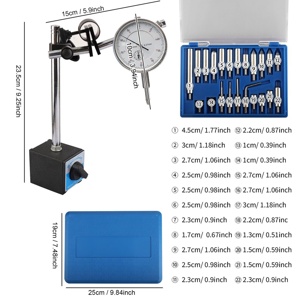 Dial Indicator with Magnetic Base 0.001"Precision Gauge Test Indicator Point Set