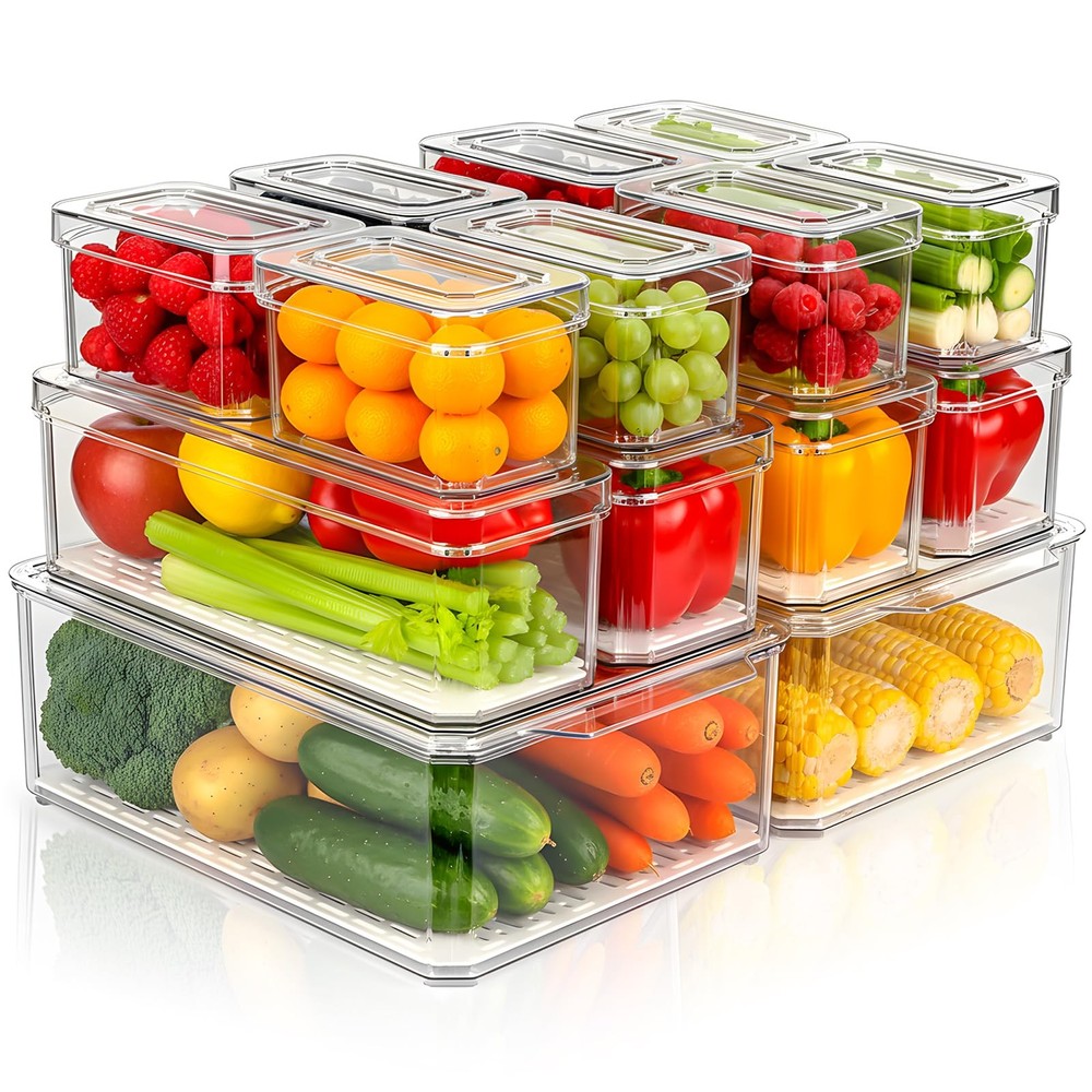 14 Pack Fridge Organizer Storage Bins Set, Clear Stackable Food Storage Conta...