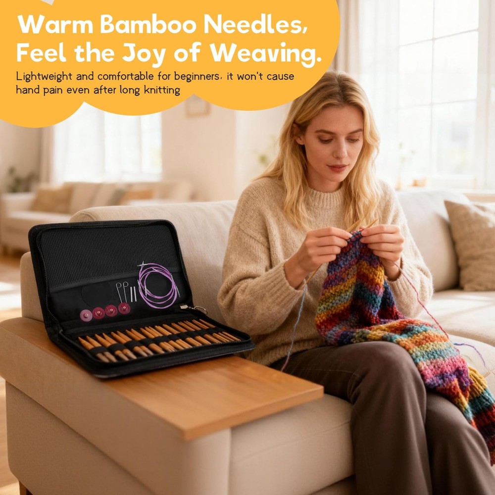 Knitting Needles Set with Bamboo Circular Knitting Needle 13 Pair Interchange...