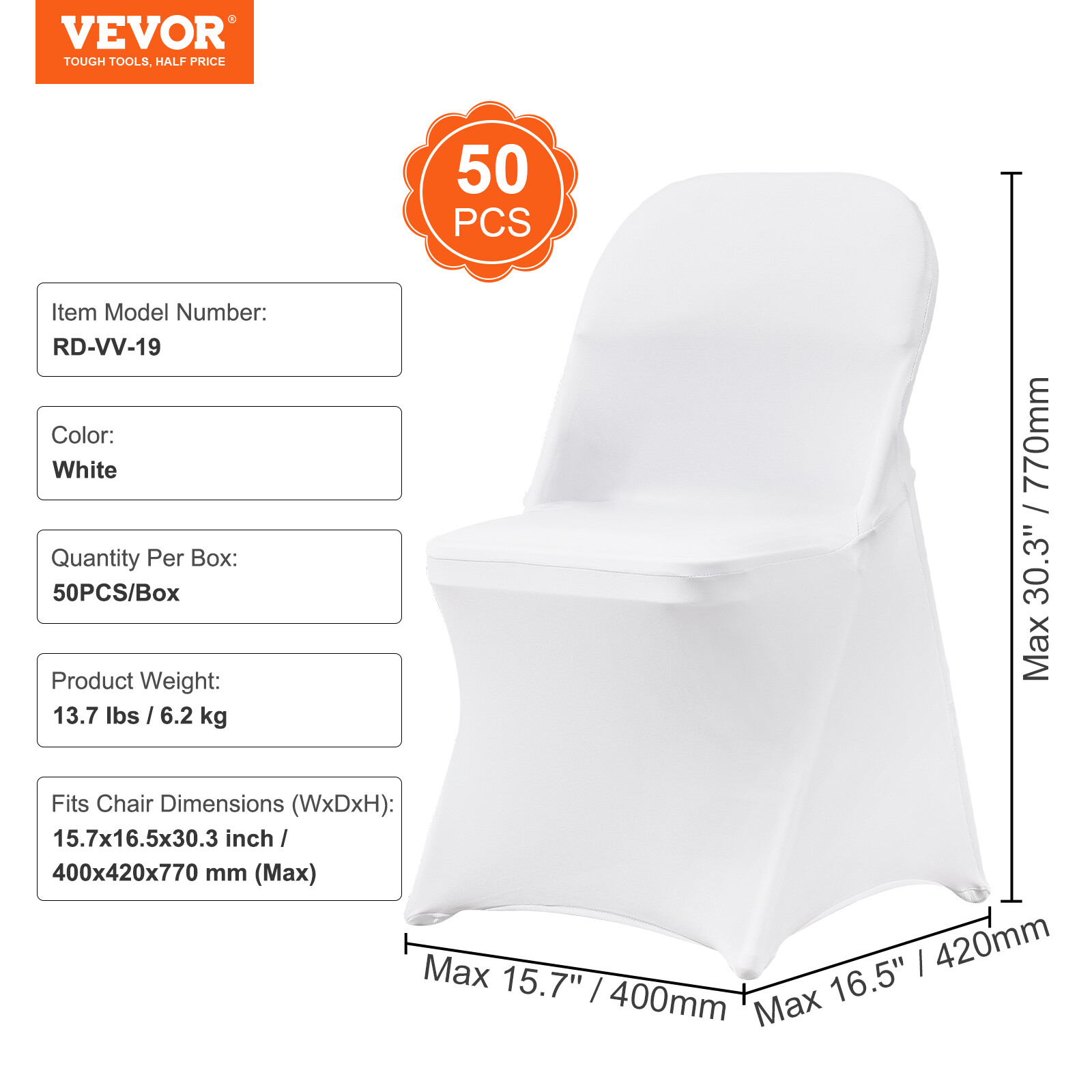 VEVOR 50PCS White Stretch Spandex Folding Chair Covers for Wedding Party Dining